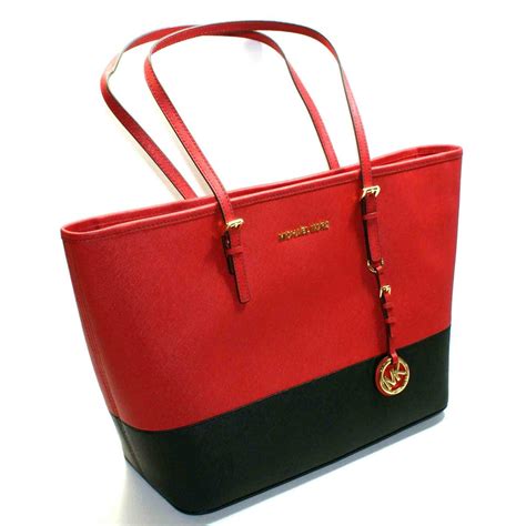 michael kors red and black and white|Michael Kors black leather tote.